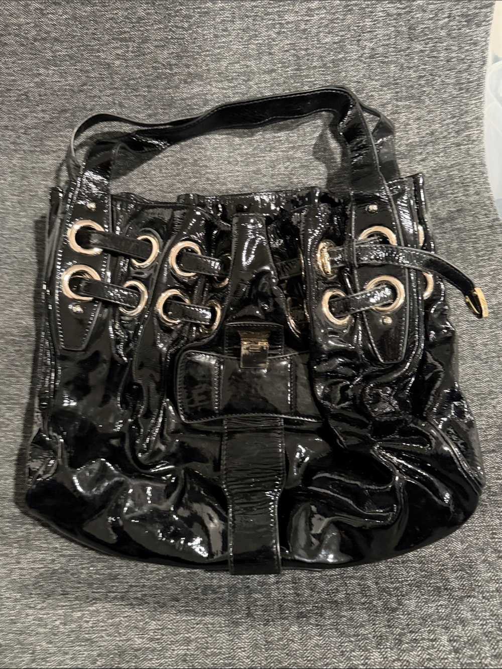 Patent Leather Drawstring Shoulder Bag - Black